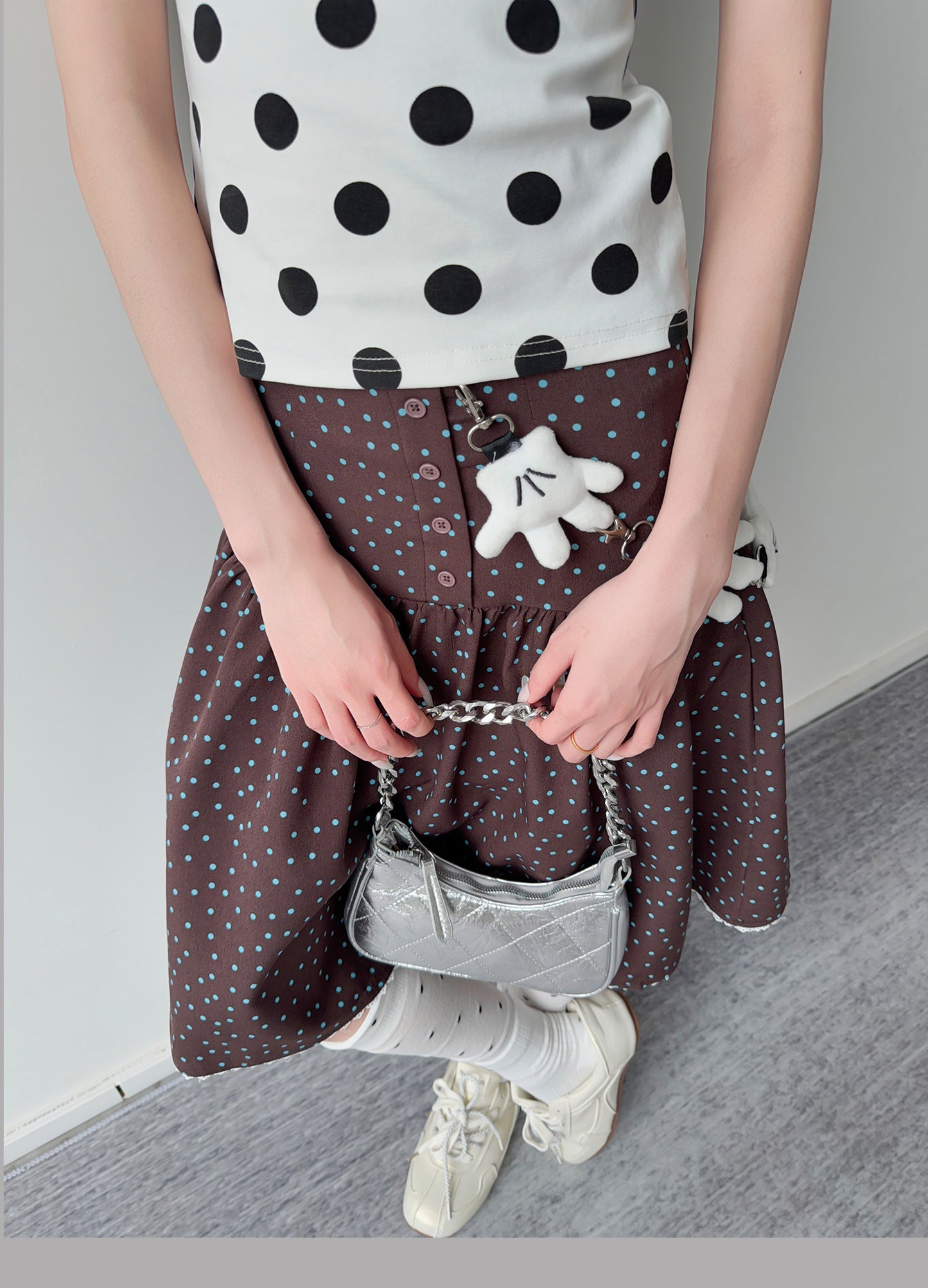 Polka Dot Button Tiered Midi Skirt