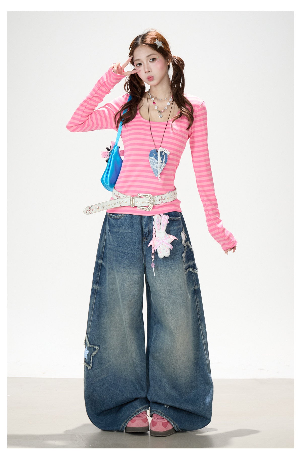 Pink Stripe U-Neck Long Sleeve Top & Star Patch Wide-Leg Jeans