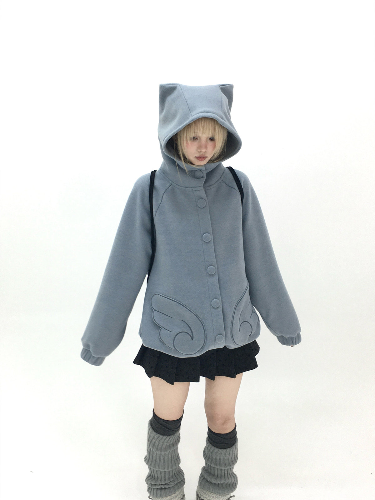 Dusty Blue & Ivory Fleece-Lined Cat Ear Wing Pocket Hooded Jacket