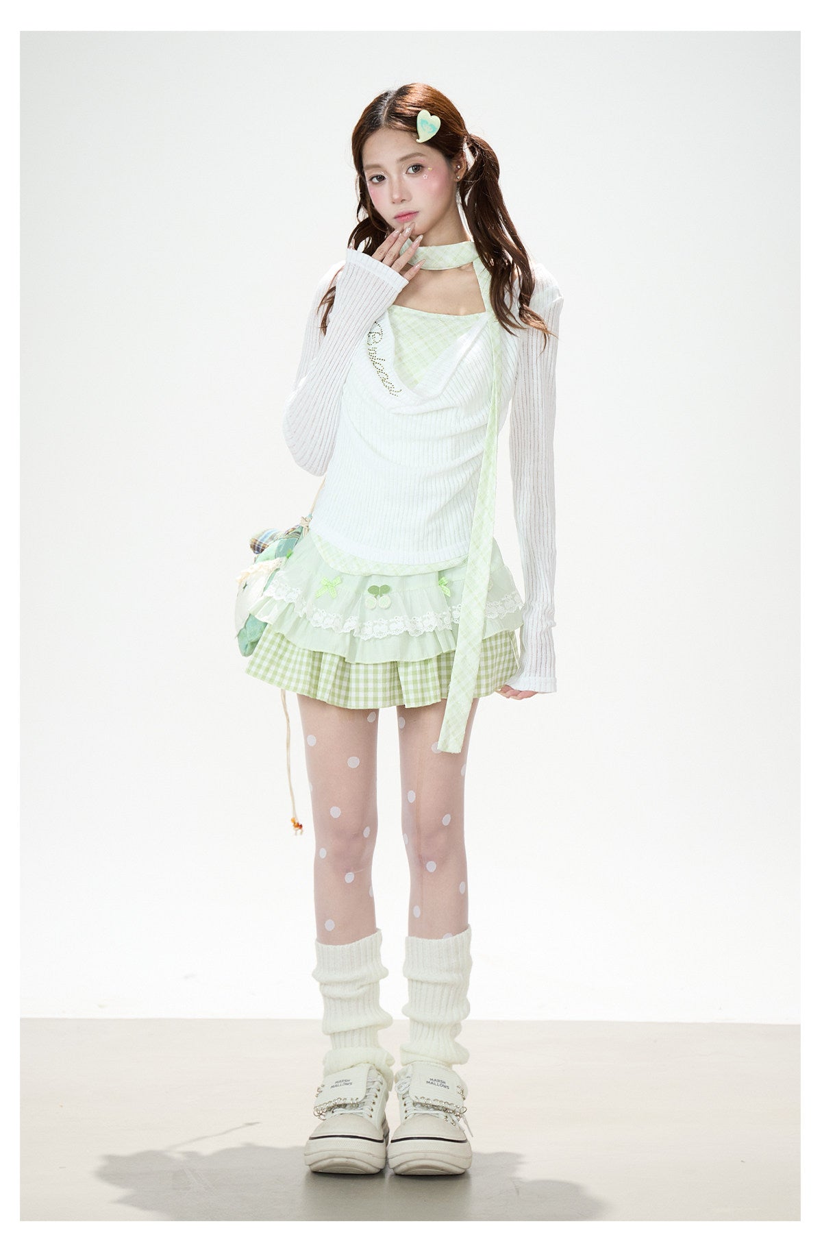 Mint Gingham Layered Knit Long Sleeve Top & Cherry Ruffle Mini Skirt