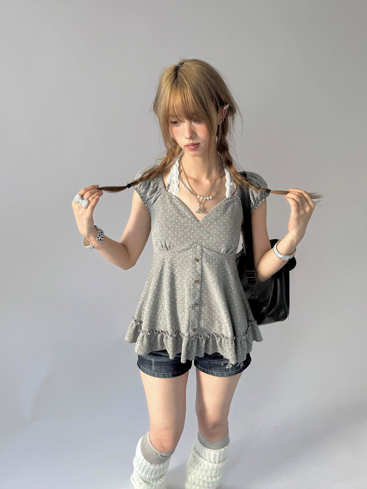 Polka Dot Lace Halter Ruffle Tee
