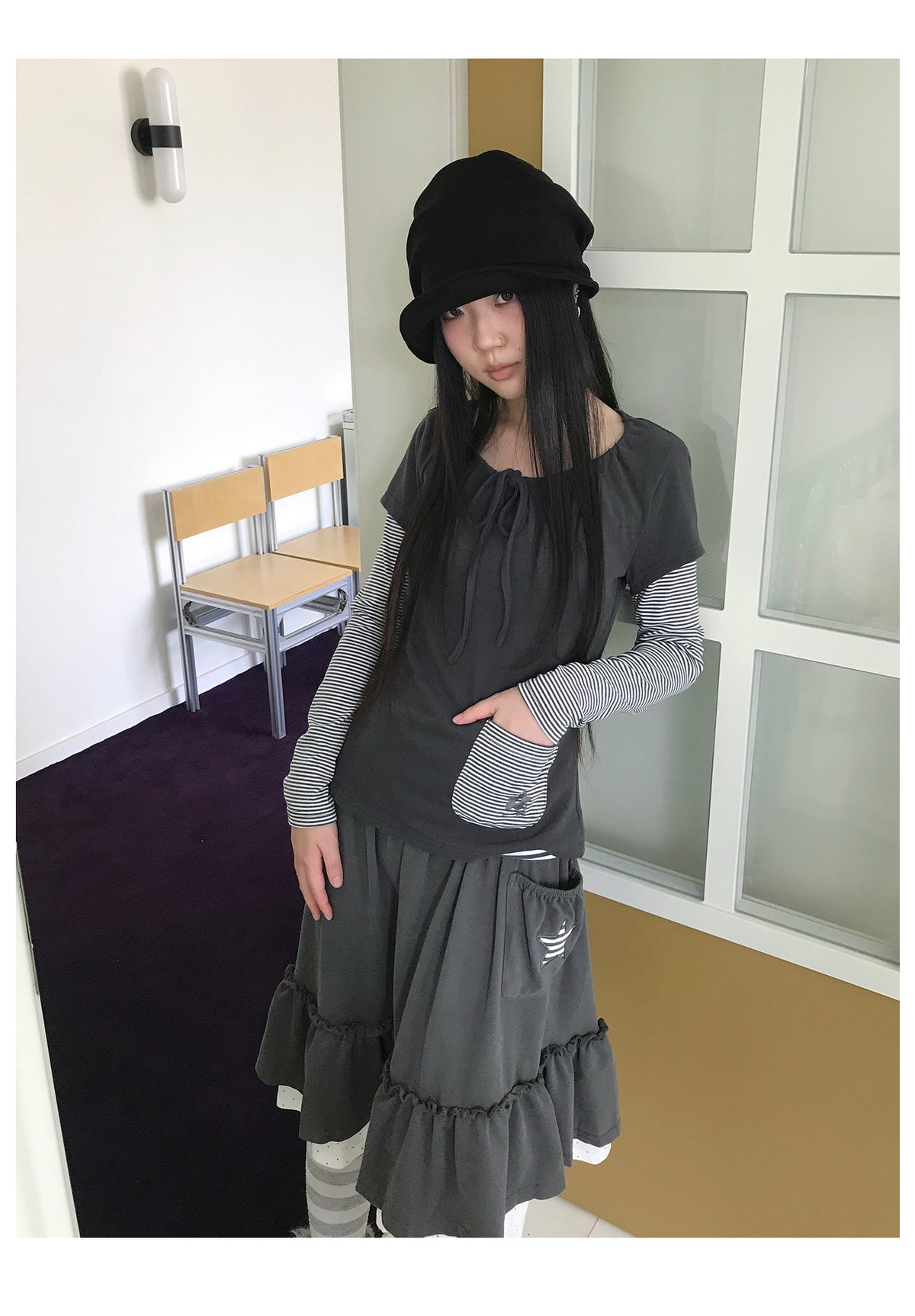 Tie-Neck Striped Faux-Layer Long Sleeve Top
