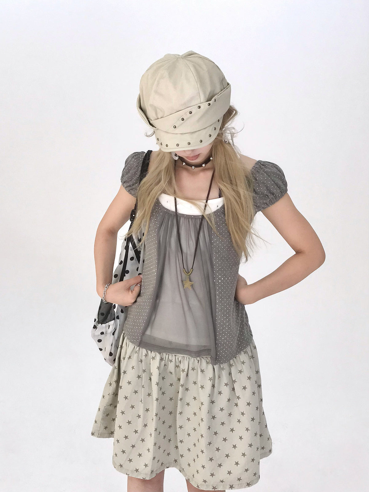 Polka Dot Mesh Panel Faux-Layered Short Sleeve Top