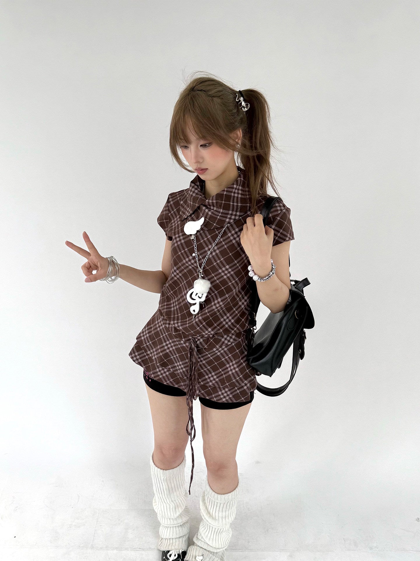 Brown Plaid Drawstring Ruffle-Collar Tunic Top