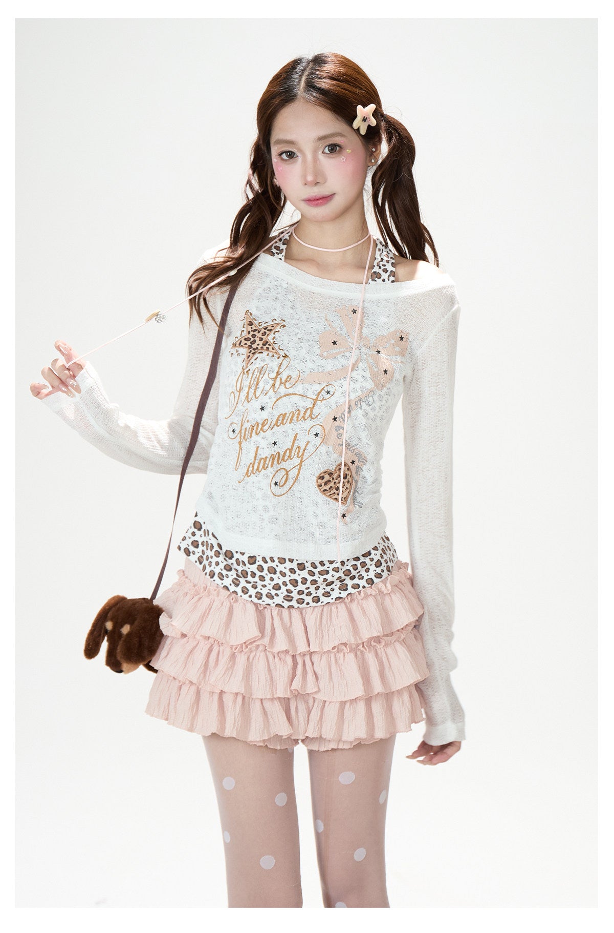 Leopard Layered Halter Long Sleeve Top & Pink Tiered Ruffle Mini Skirt