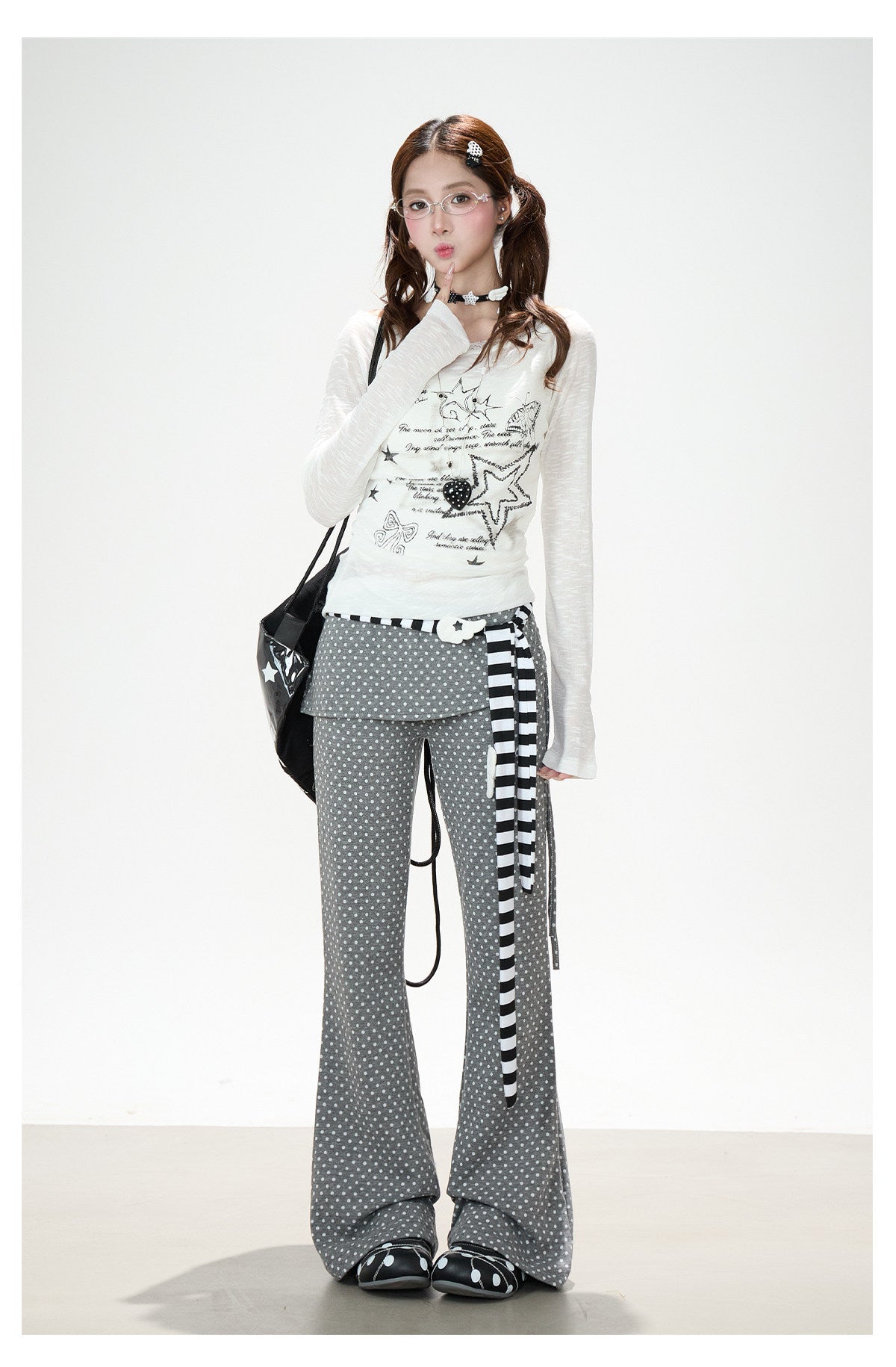 Polka Dot Ruffle Overlay Flare Sweatpants