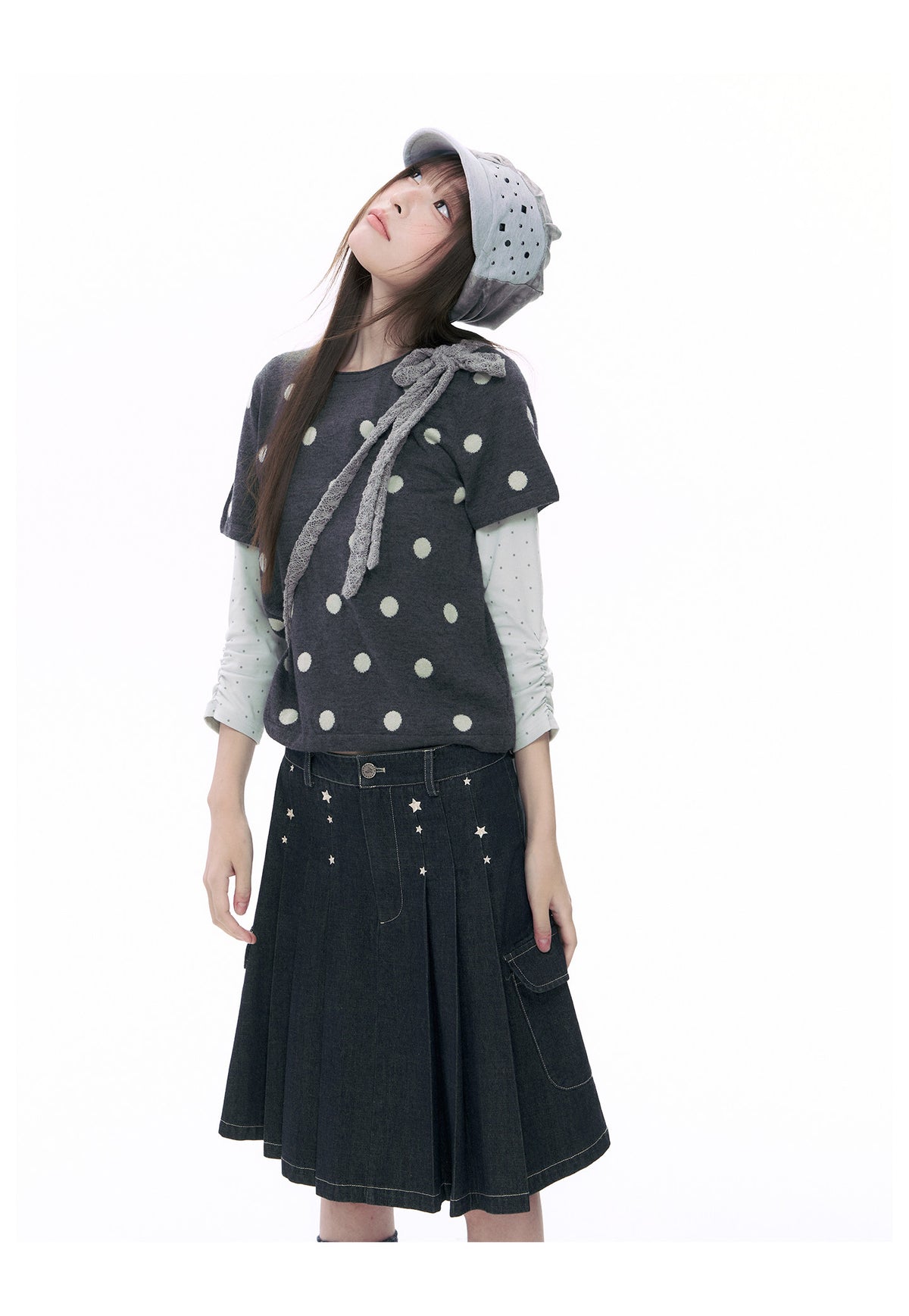 Embroidered Star Pleated Denim Midi Skirt
