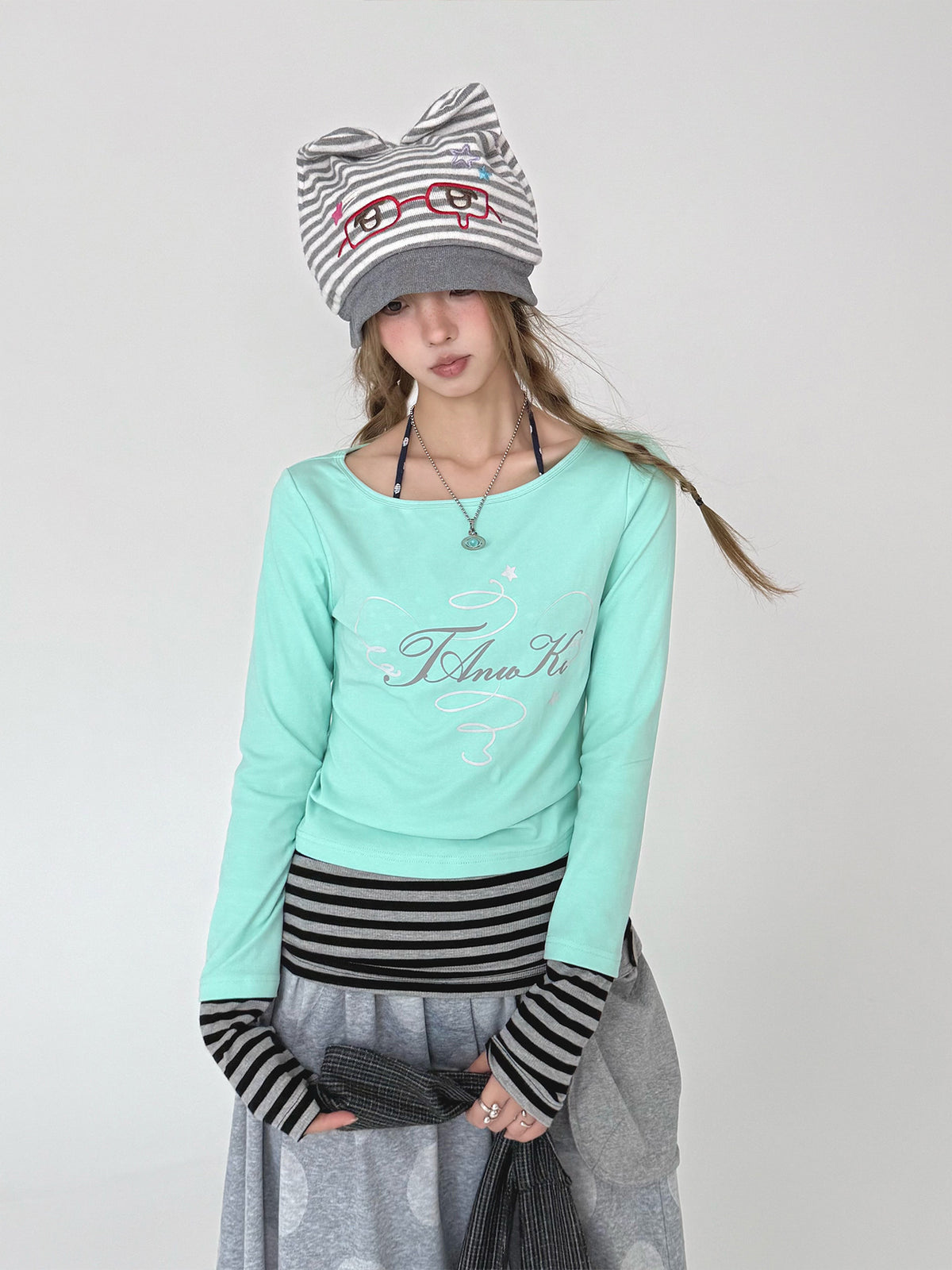 Mint Star Script Faux-Layered Long Sleeve Top