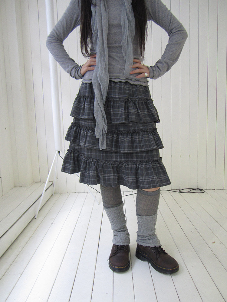 Vintage Gray Plaid Tiered Ruffle Skirt