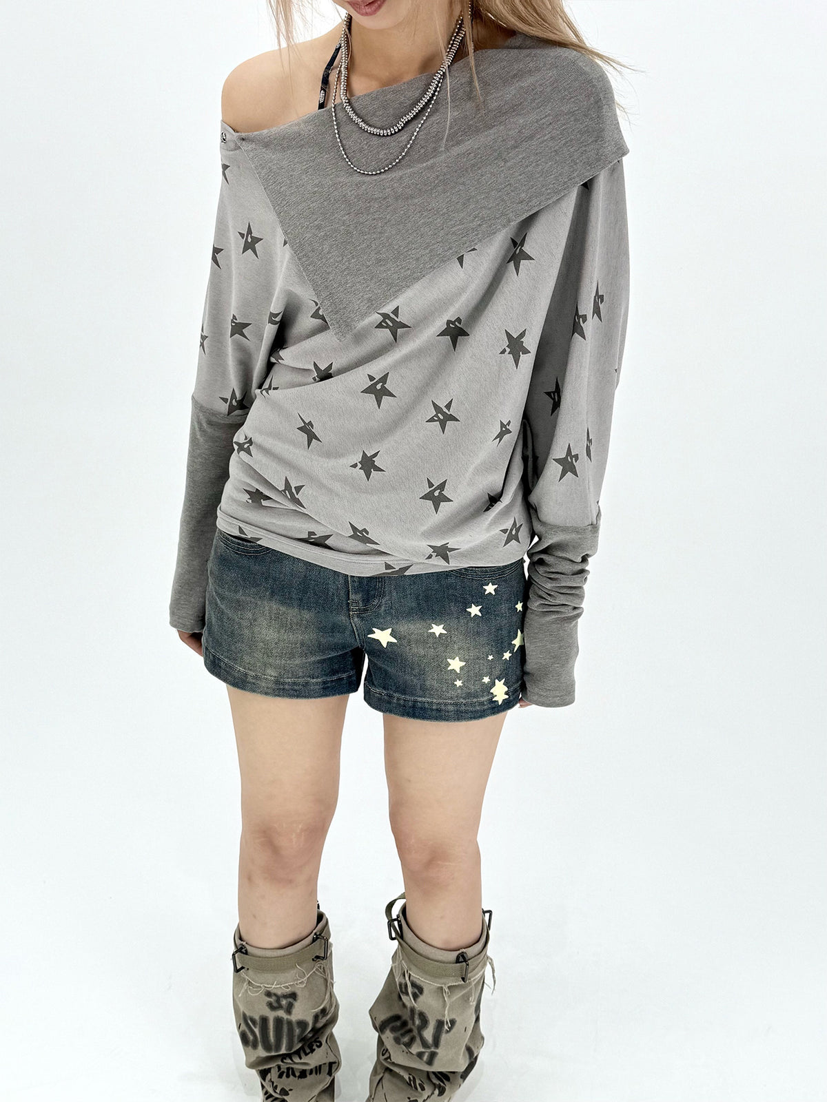 Star Print Washed Low-Rise Denim Shorts