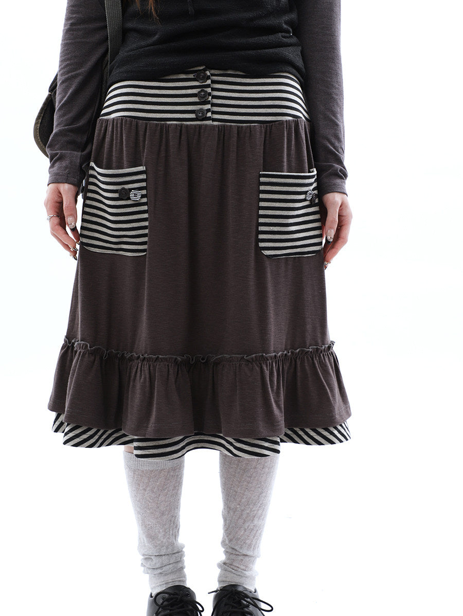 Striped Pocket Ruffle Layered Midi Skirt