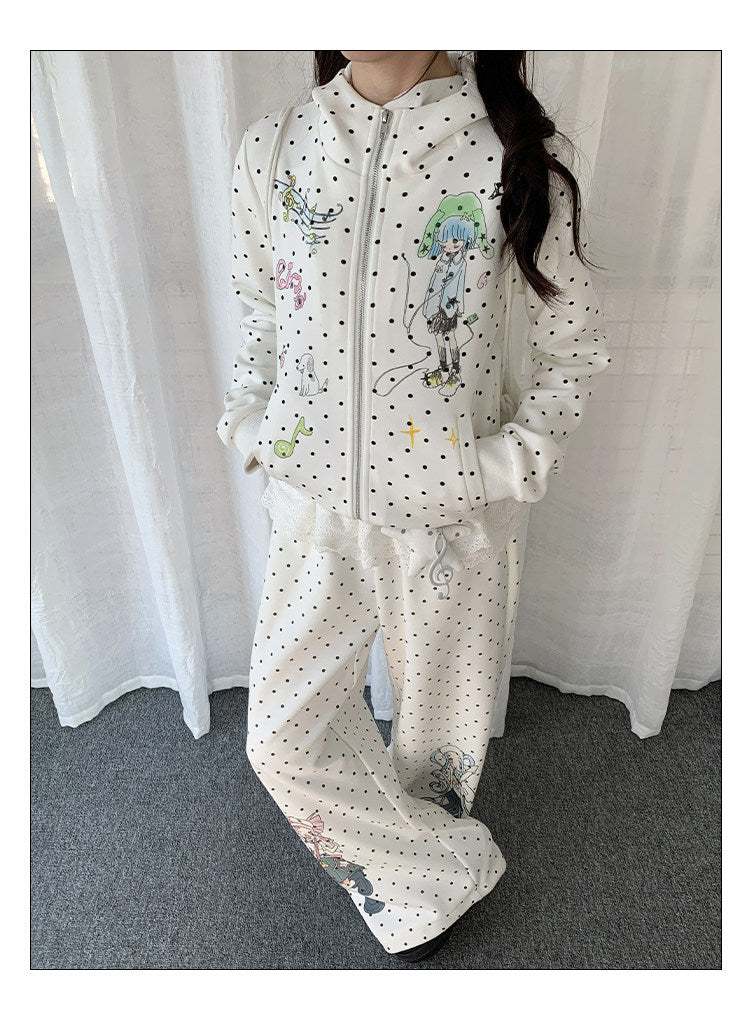Polka Dot Devil-Horn Cartoon Girl Zip Hoodie