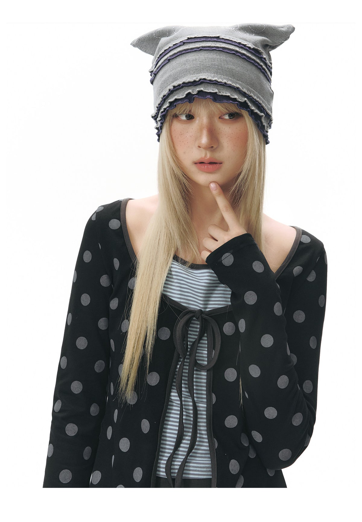 Polka Dot Tie-Front Layered Halter Long Sleeve Top