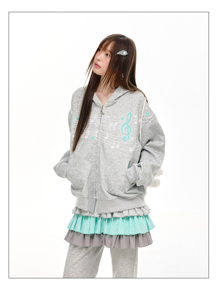 Gray Melody Polka Dot Graphic Zip Hoodie