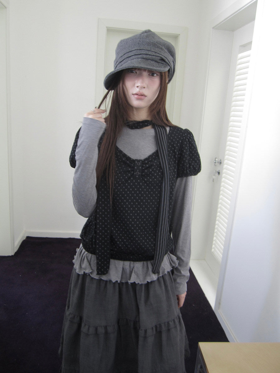 Polka Dot Layered Two-Piece Top Set with Scarf