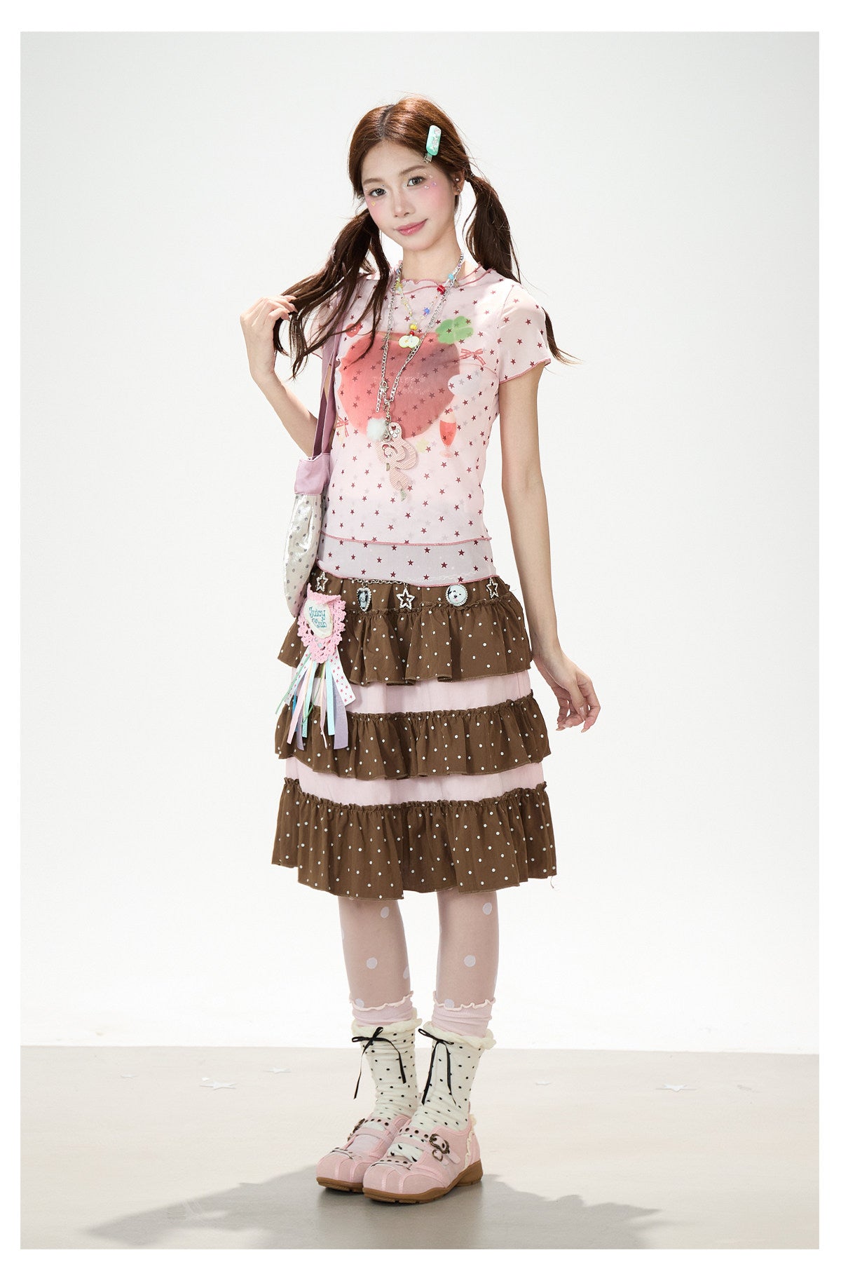 Star Mesh Baby Tee & White Wide-Leg Pants
