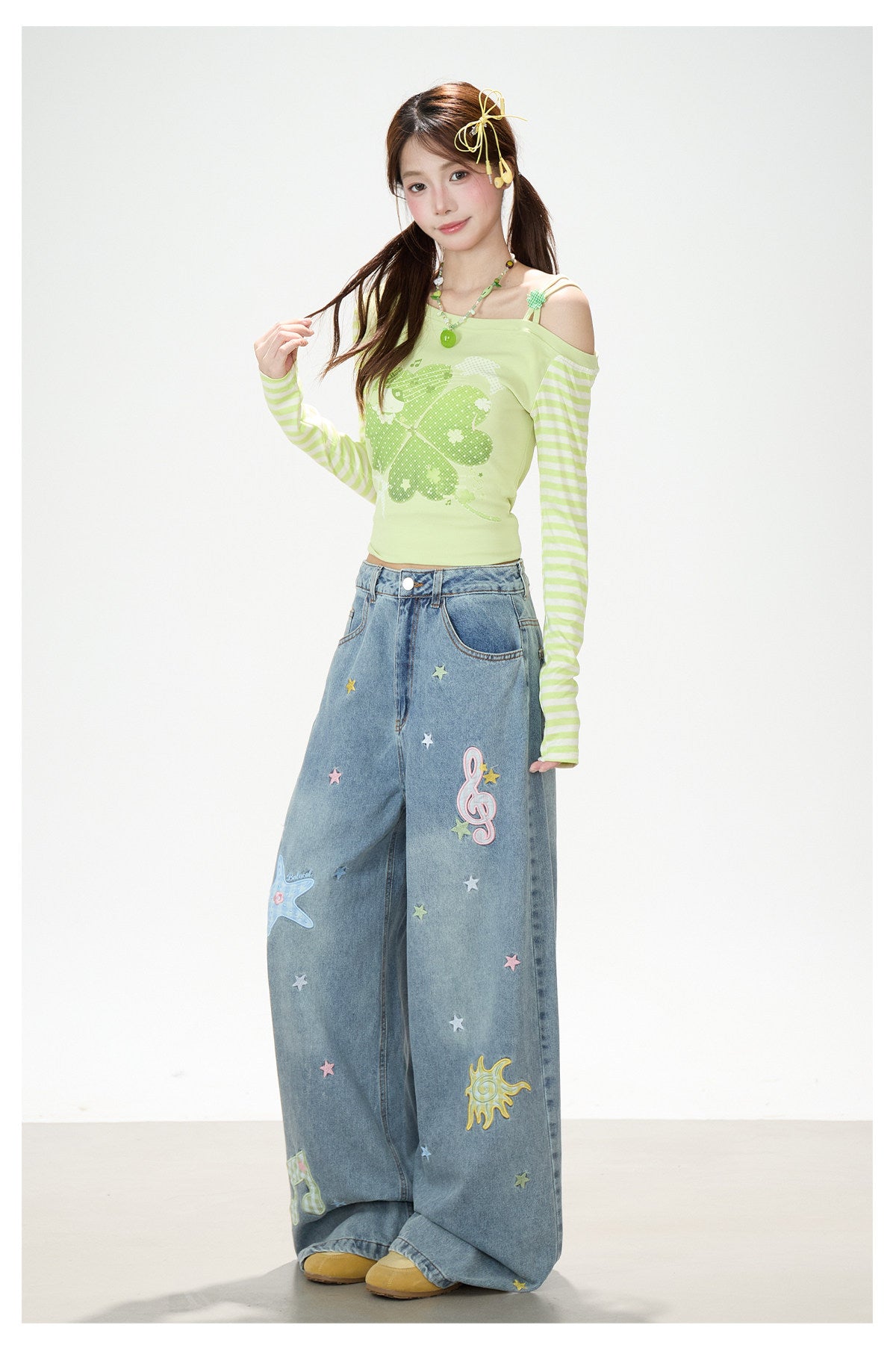 Music Note & Star Embroidered Washed Wide-Leg Jeans