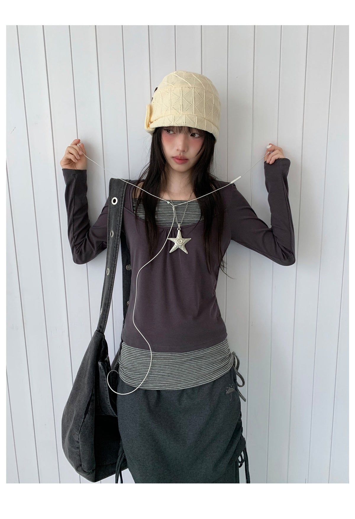 Striped Square-Neck Faux-Layer Drawstring Long Sleeve Top
