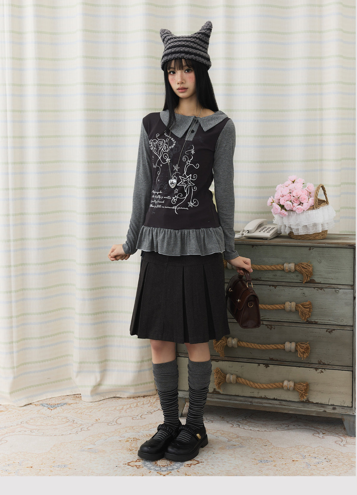 Graphic Stripe Faux-Layer Ruffle-Hem Long Sleeve Top