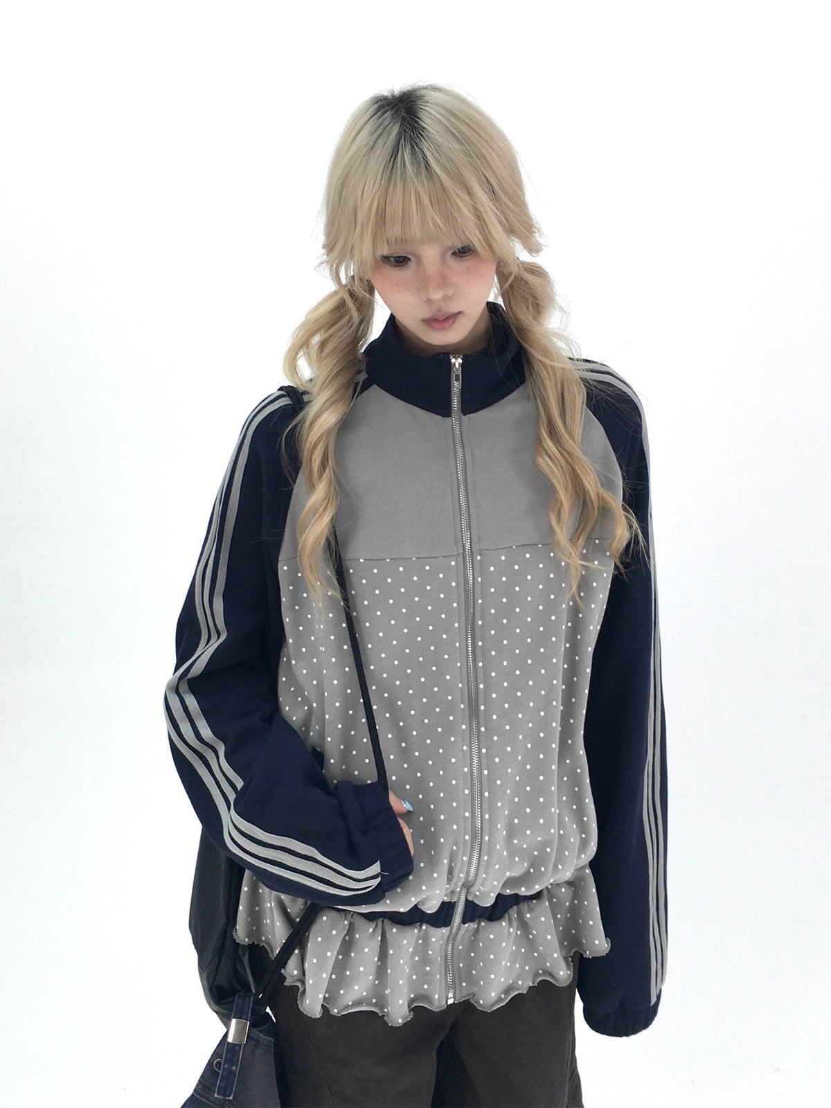 Gray Polka Dot Triple-Stripe Ruffle Zip Jacket