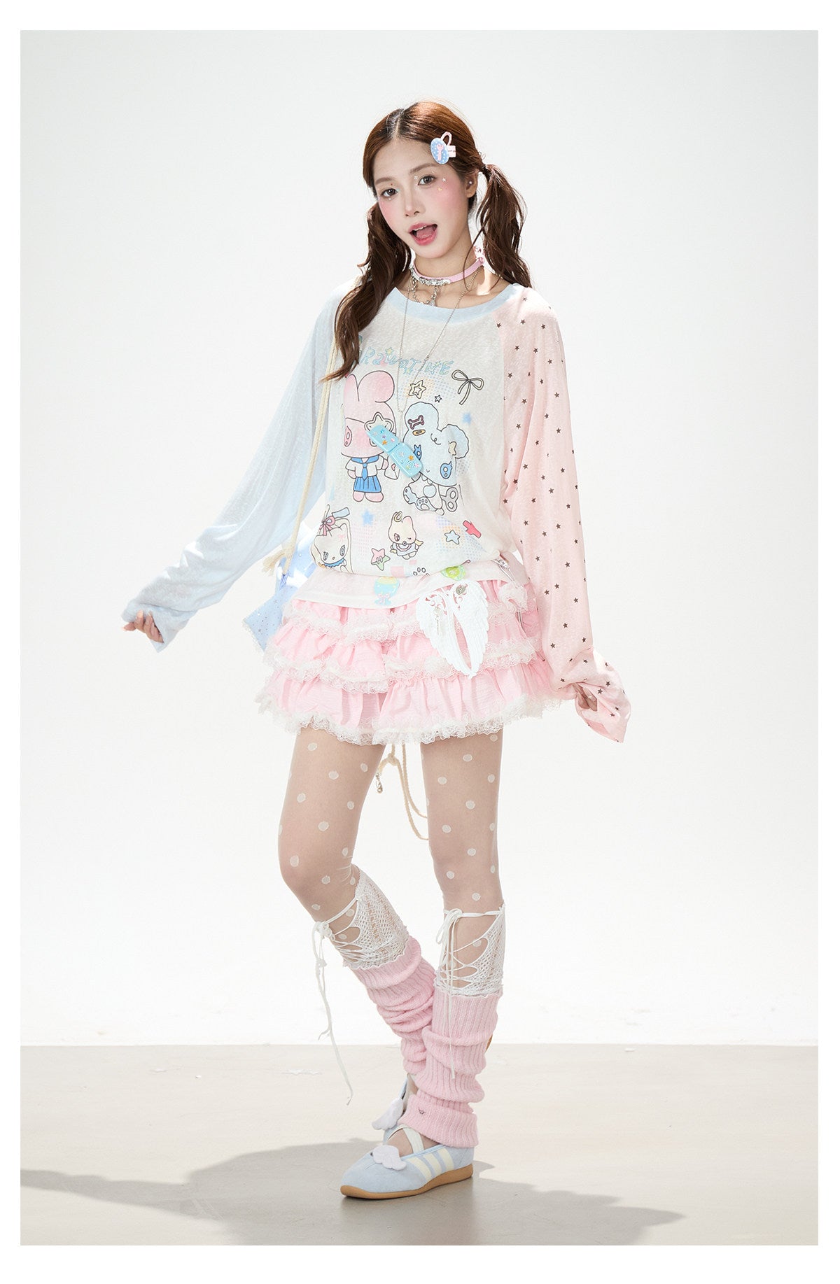 Cartoon Star Sheer Long Sleeve Top & Black Music Lace Gingham Mini Skirt