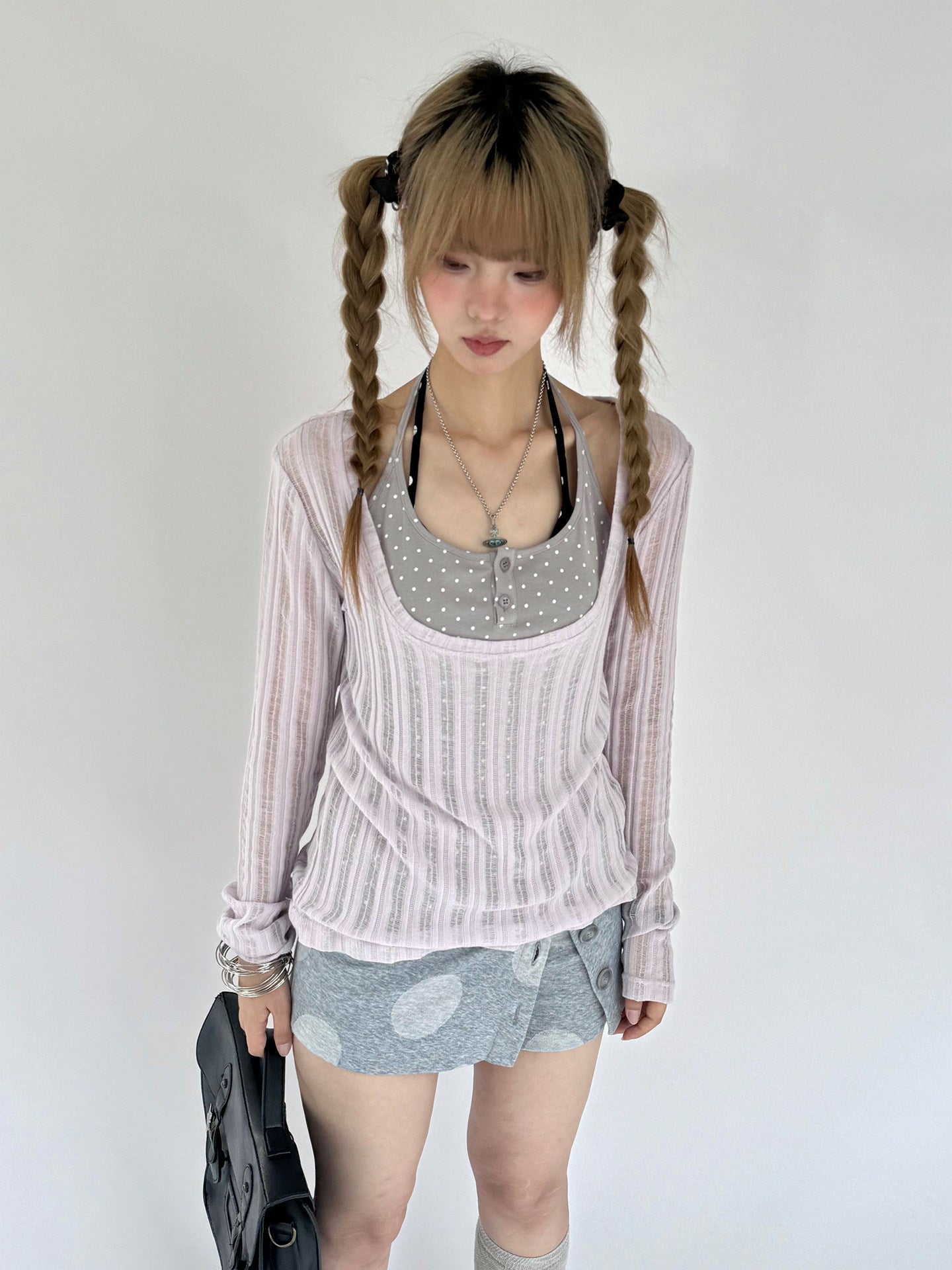Wisteria Open-Knit Faux-Layer Long Sleeve Top