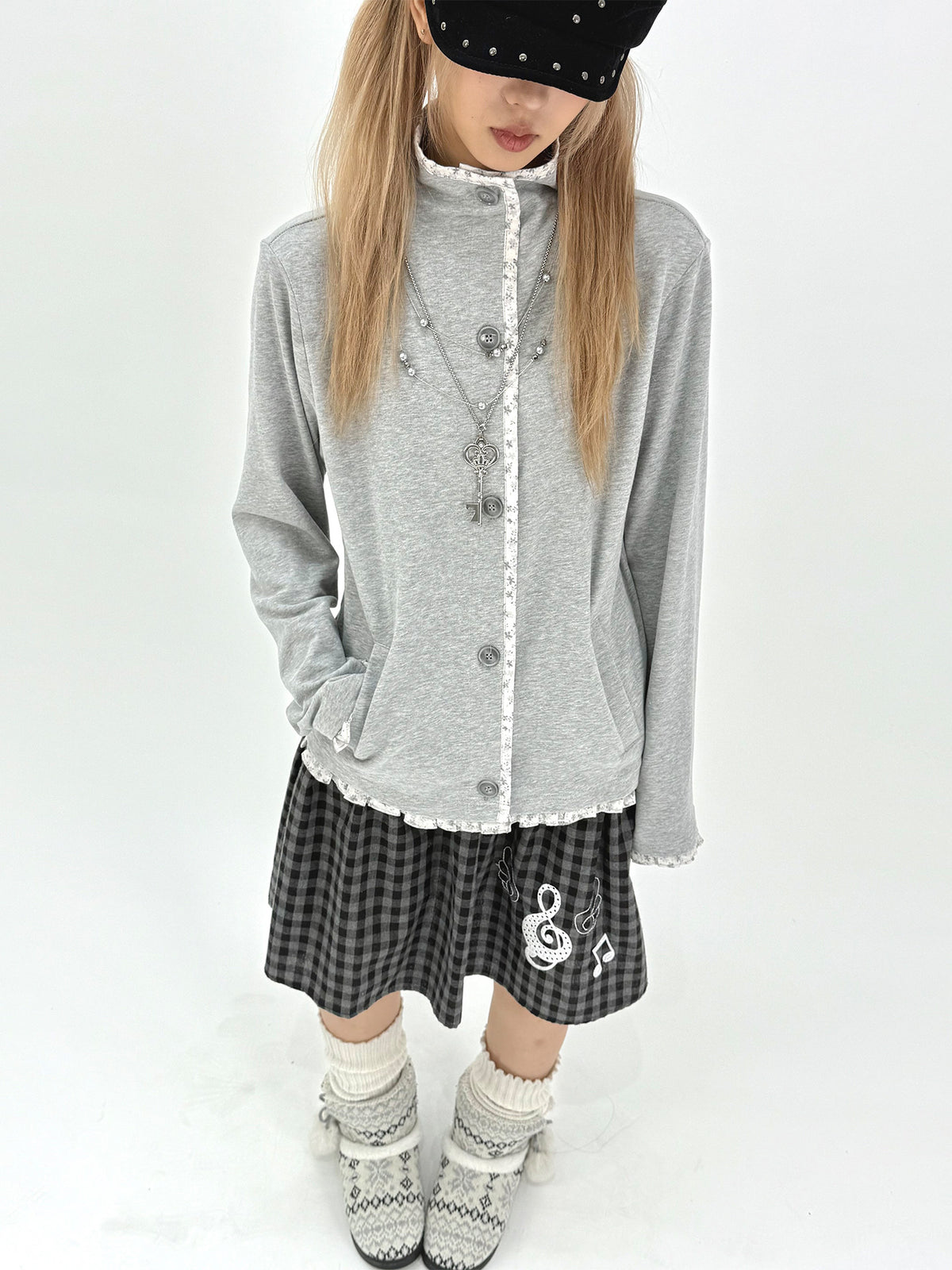 Floral-Trim Stand Collar Button Cardigan