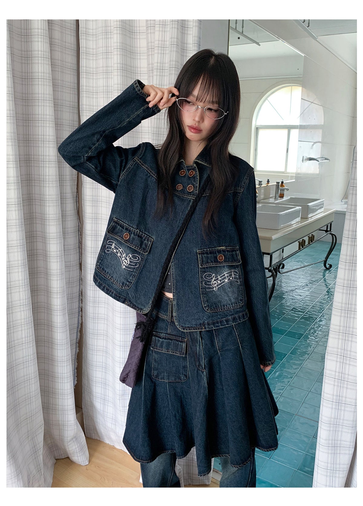 Washed Denim Utility Pleated Skirt