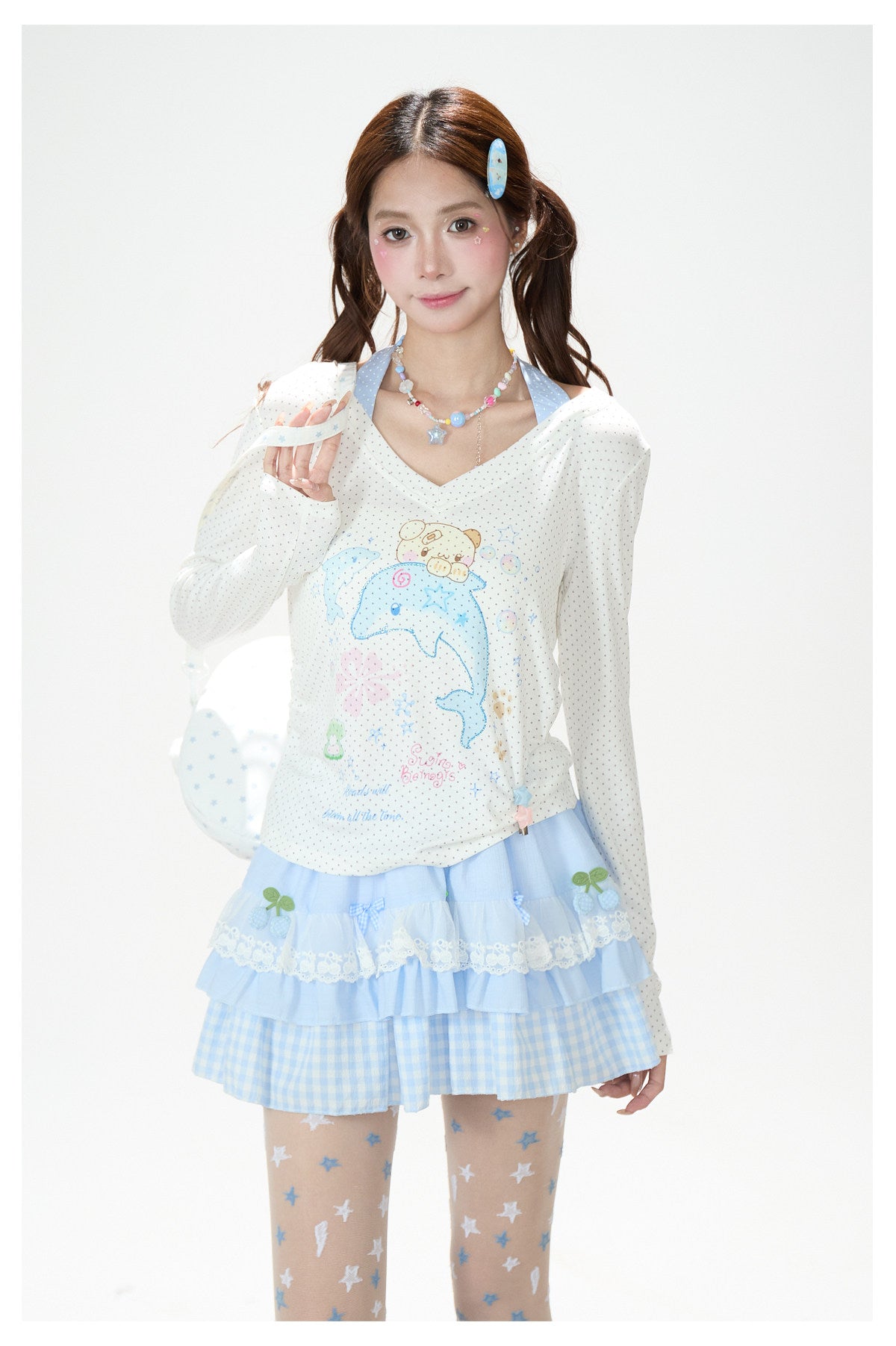 Dreamy Dolphin Polka-Dot V-Neck Long Sleeve Top & Gingham Ruffle Mini Skirt