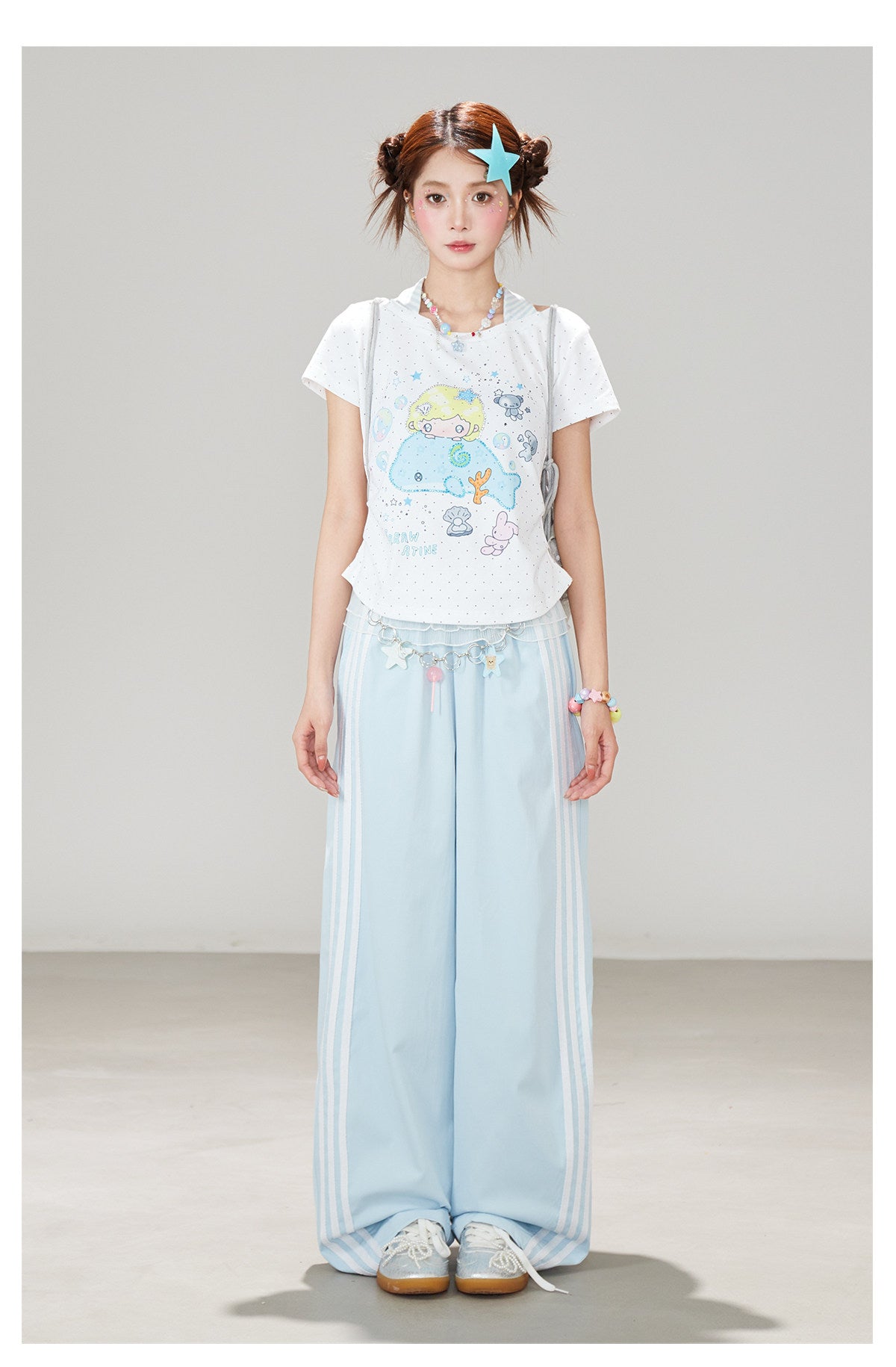 Ruffle Waist Side Stripe Wide-Leg Pants