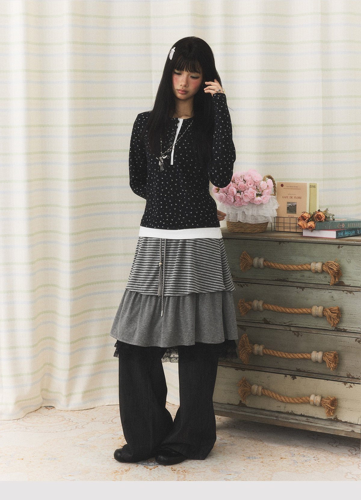Floral Henley Faux-Layer Long Sleeve Top