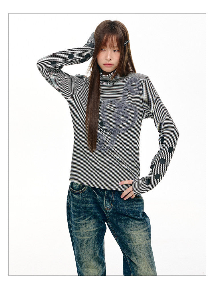 Lace Music Note Appliqué Mock Neck Long Sleeve Top