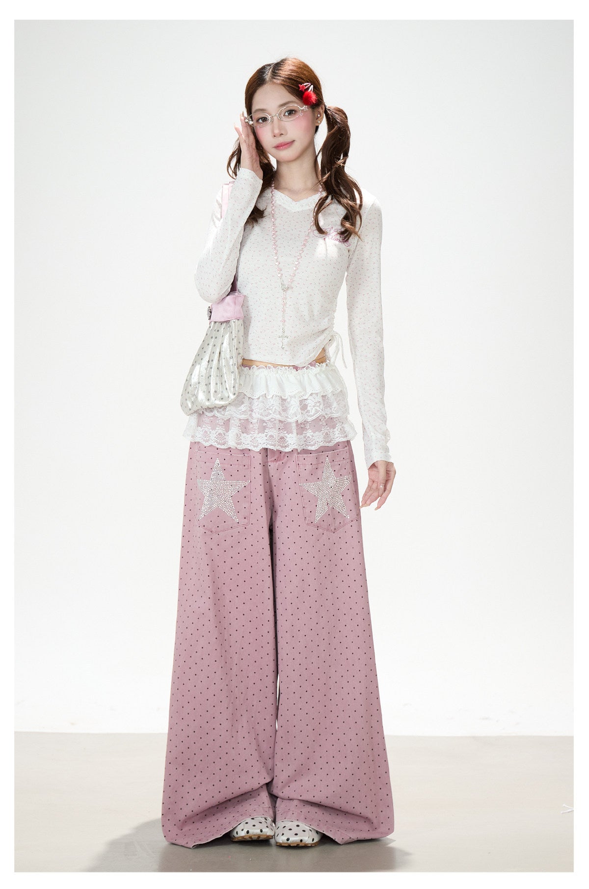 Star Rhinestone Polka Dot Wide-Leg Jeans