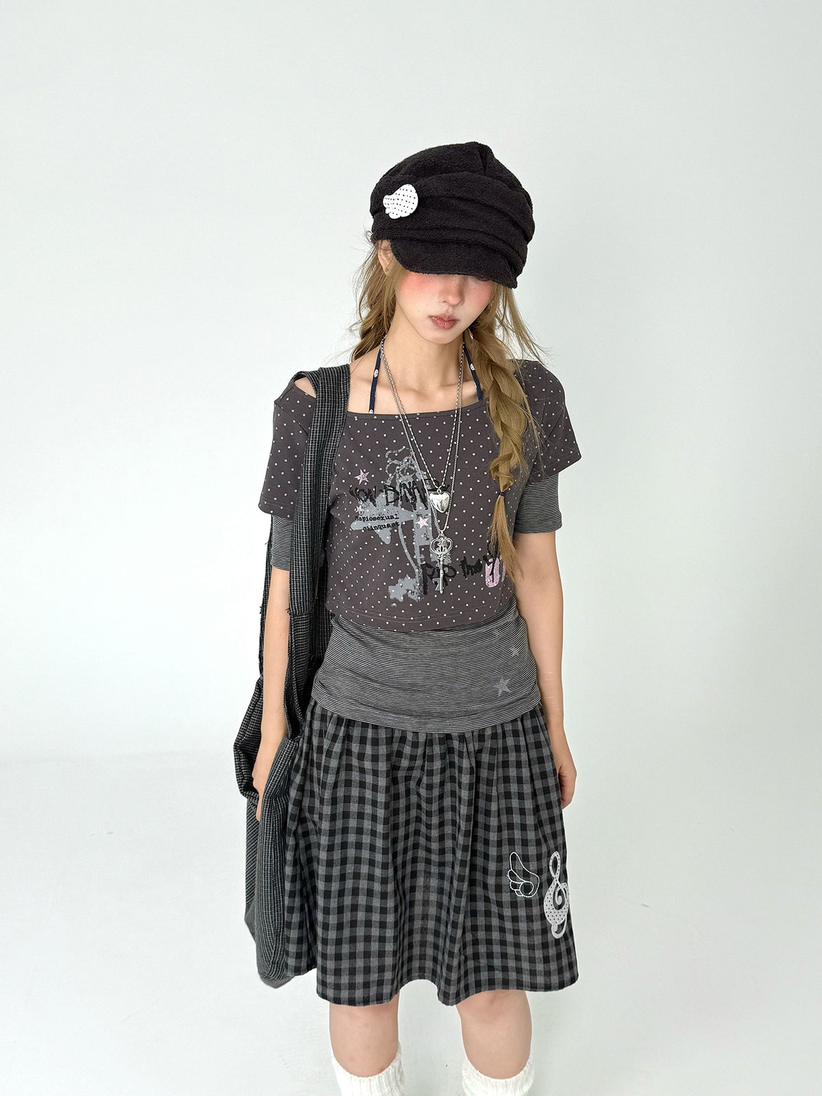 Pastel Anime Plaid Long Sleeve Top & Camo Lace-Trim Midi Skirt