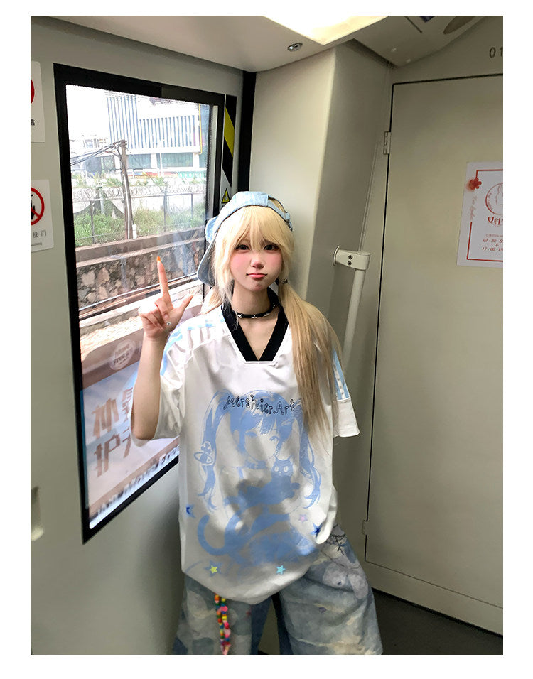 Anime Girl Jersey — Y2K Glossy V-Neck