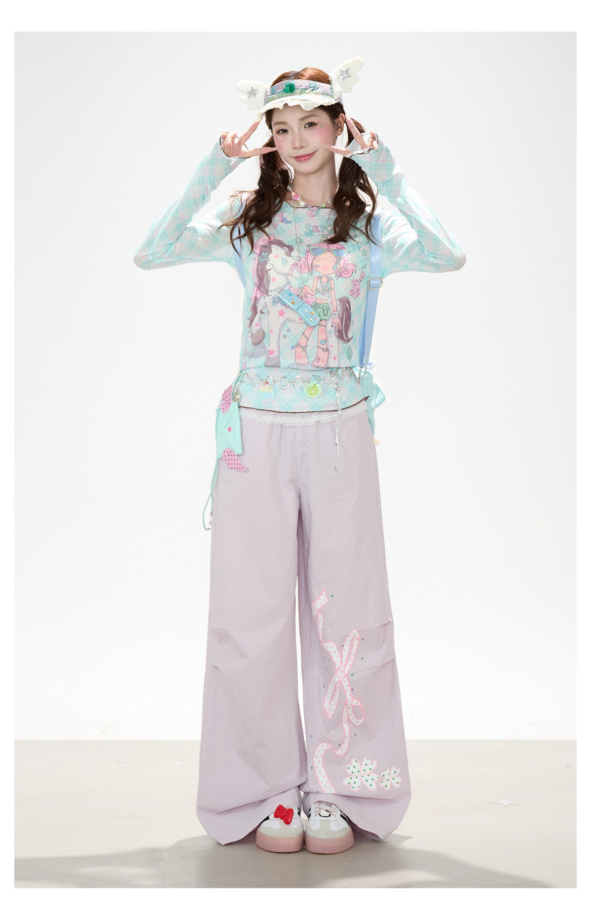 Pastel Anime Plaid Long Sleeve Top & Camo Lace-Trim Midi Skirt