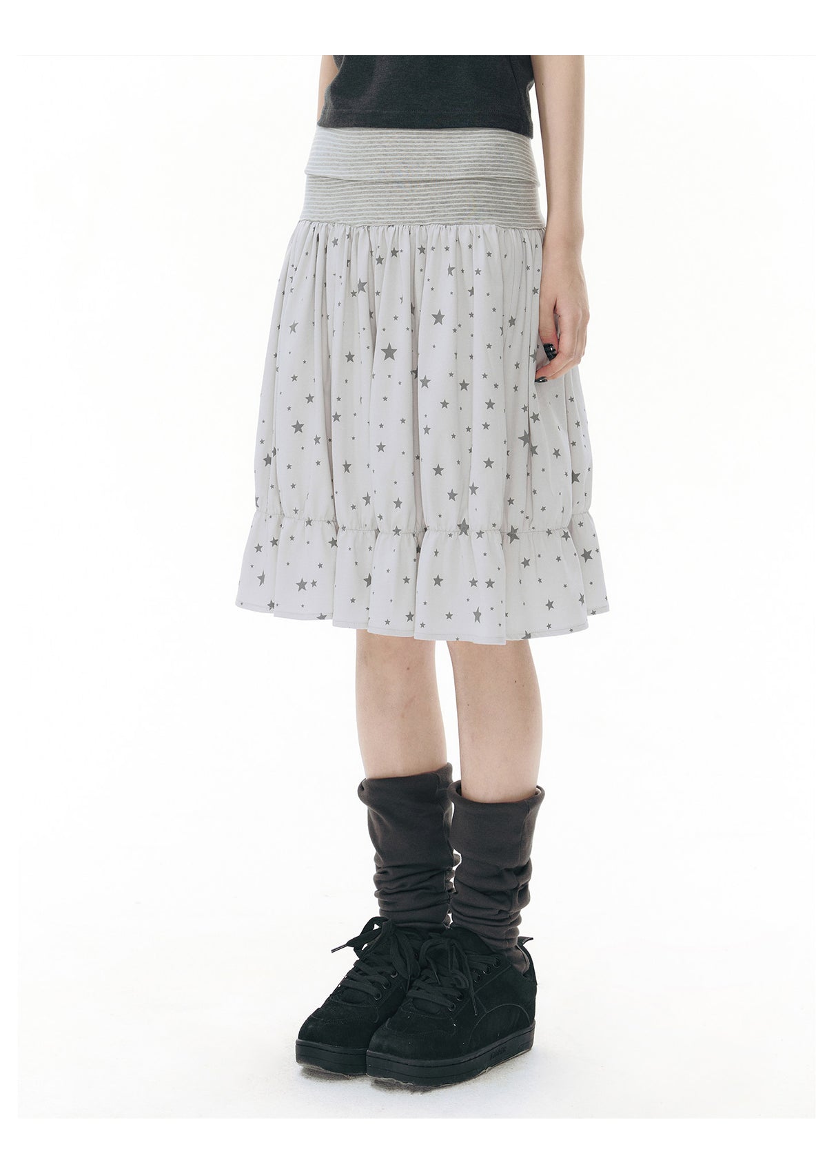 Star Print Striped-Waist Ruffle Midi Skirt