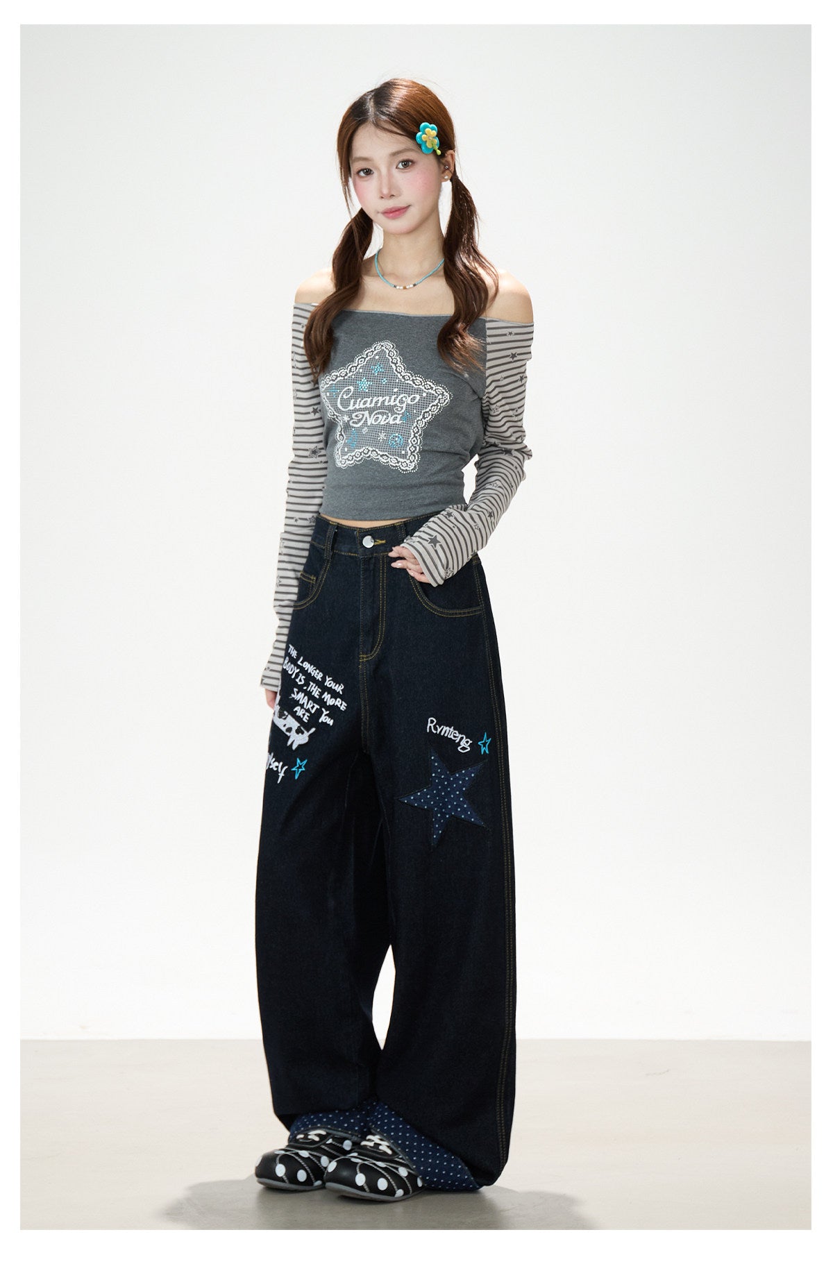 Puppy & Star Graphic Washed Wide-Leg Jeans