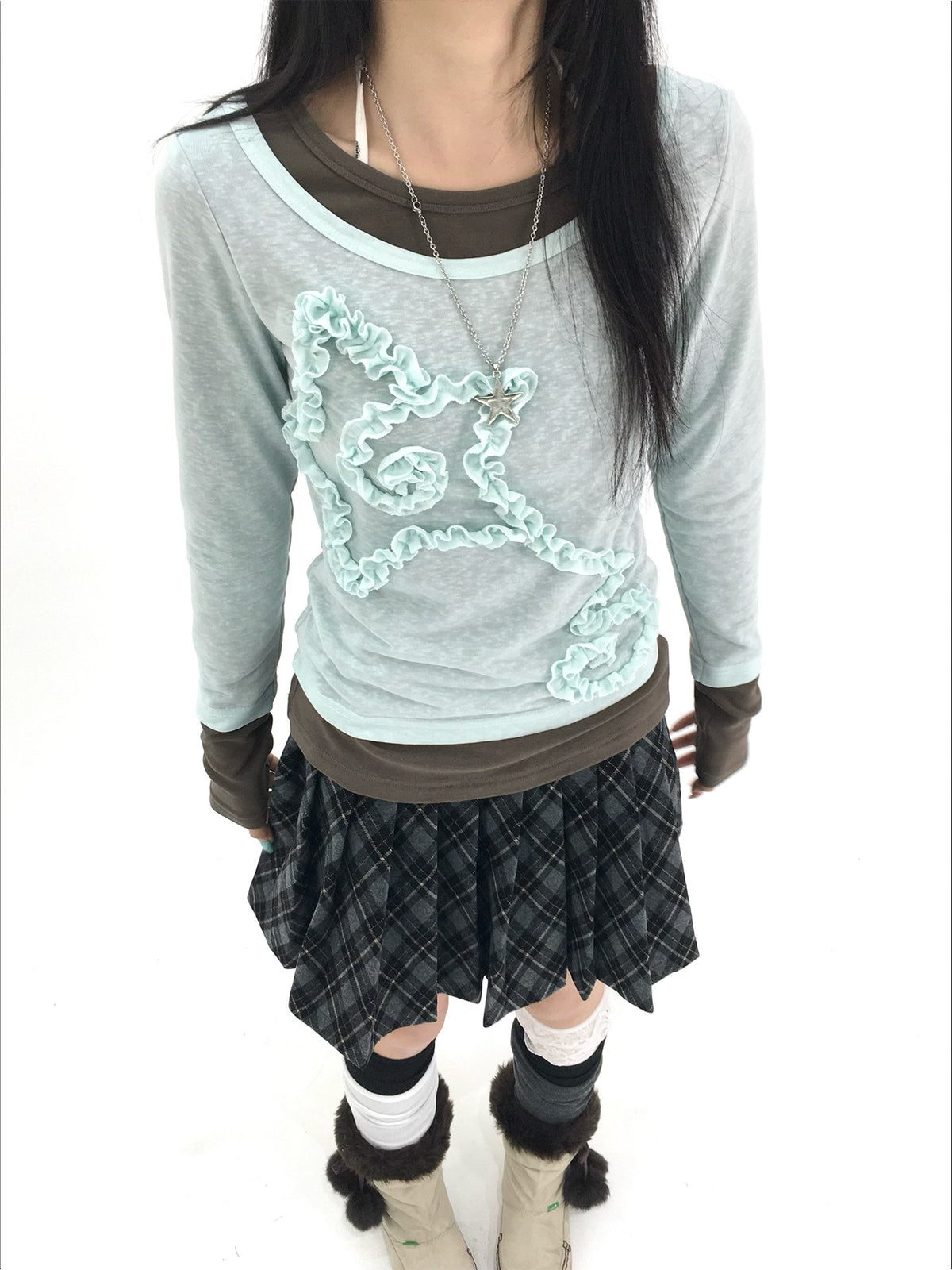 Mist Aqua Ruffle Star Faux-Layer Long Sleeve Top
