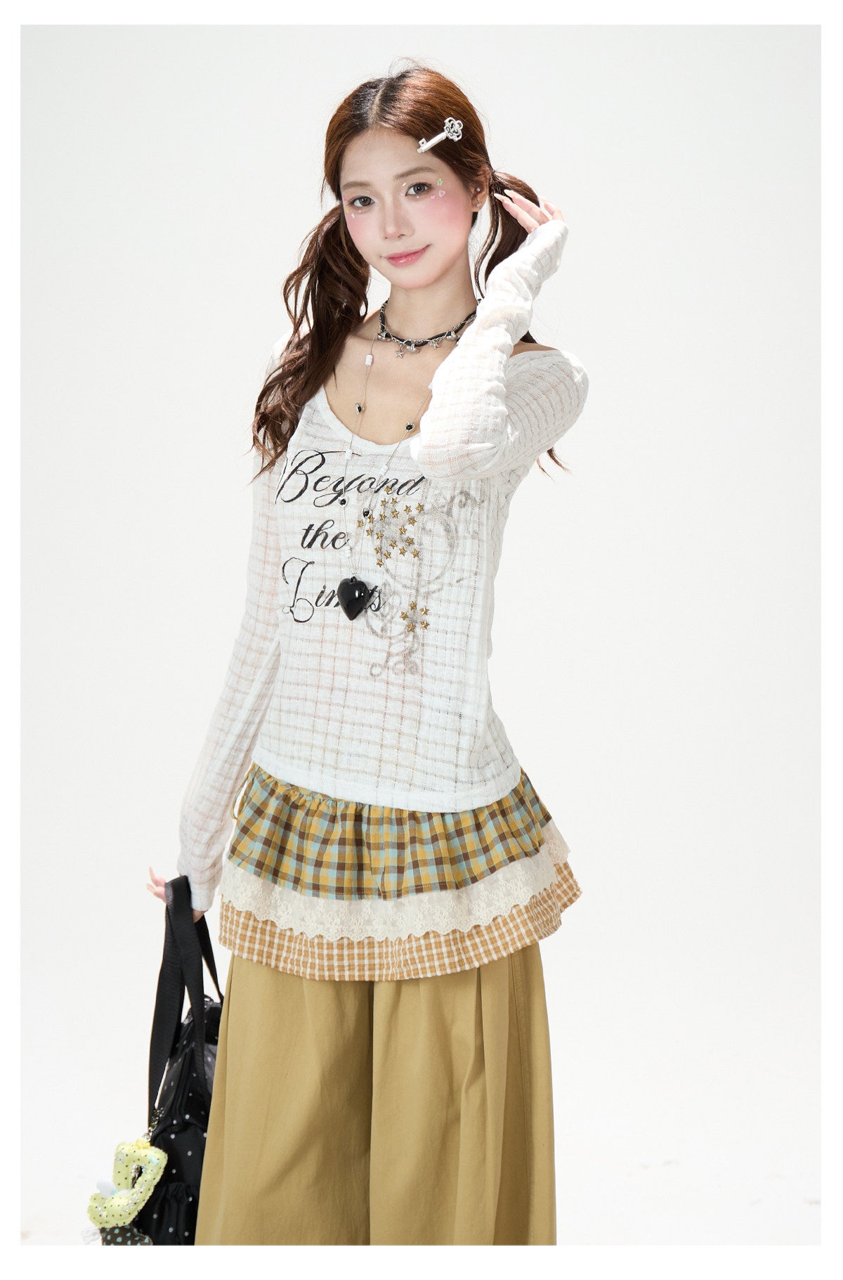 Beyond the Limits Sheer Grid Long Sleeve Top & Pony Star Wide-Leg Jeans