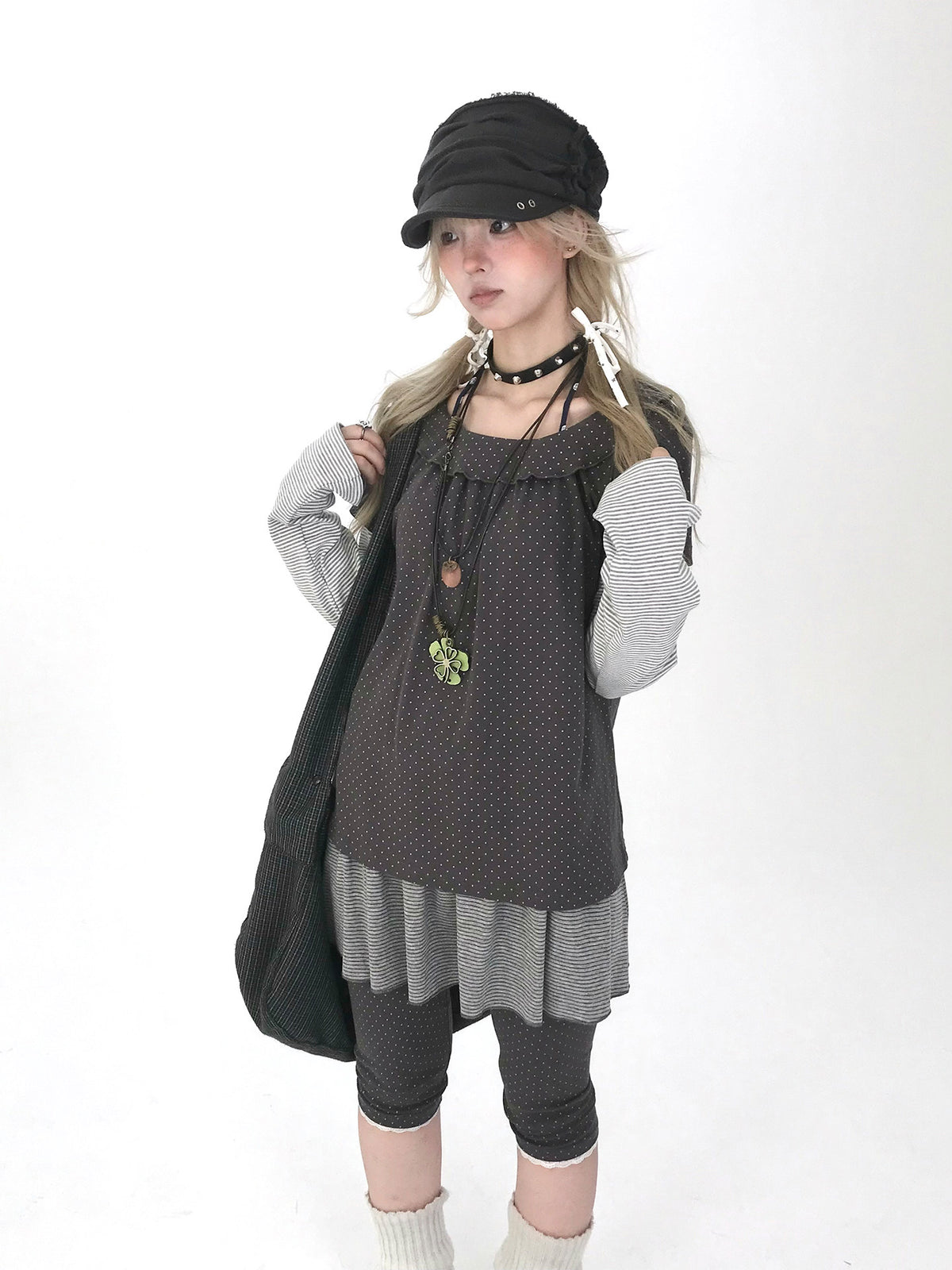 Polka Dot Striped Faux-Layered Long Sleeve Top