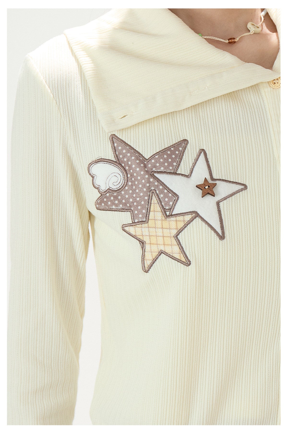 Star Patch Ruffle-Hem Collared Cardigan & Brown Plaid-Cuff Wide-Leg Pants