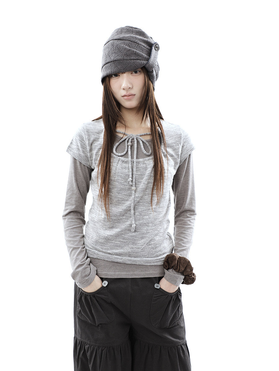 Tie-Front Textured Top & Long Sleeve Two-Piece Set