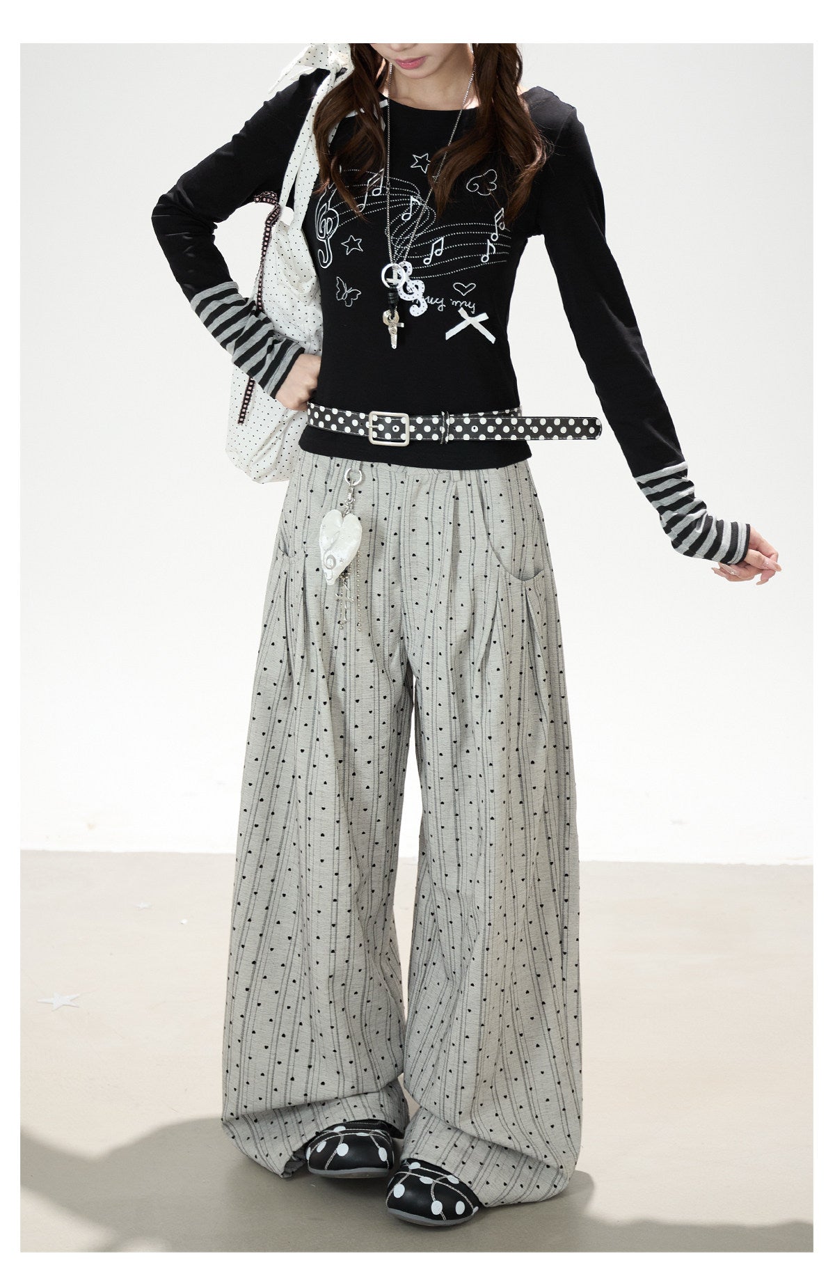 Music Note Bow Stripe-Cuff Long Sleeve Top & Ruffle Overlay Wide-Leg Pants