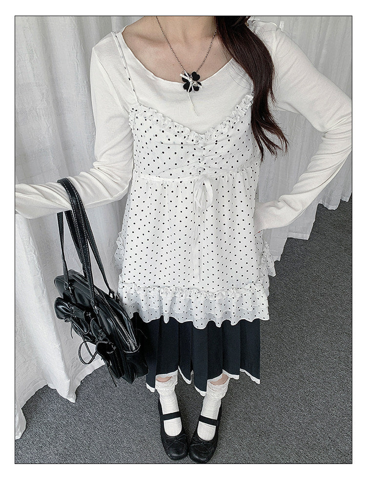 Polka Dot Lace Cami & Long Sleeve Two-Piece Set