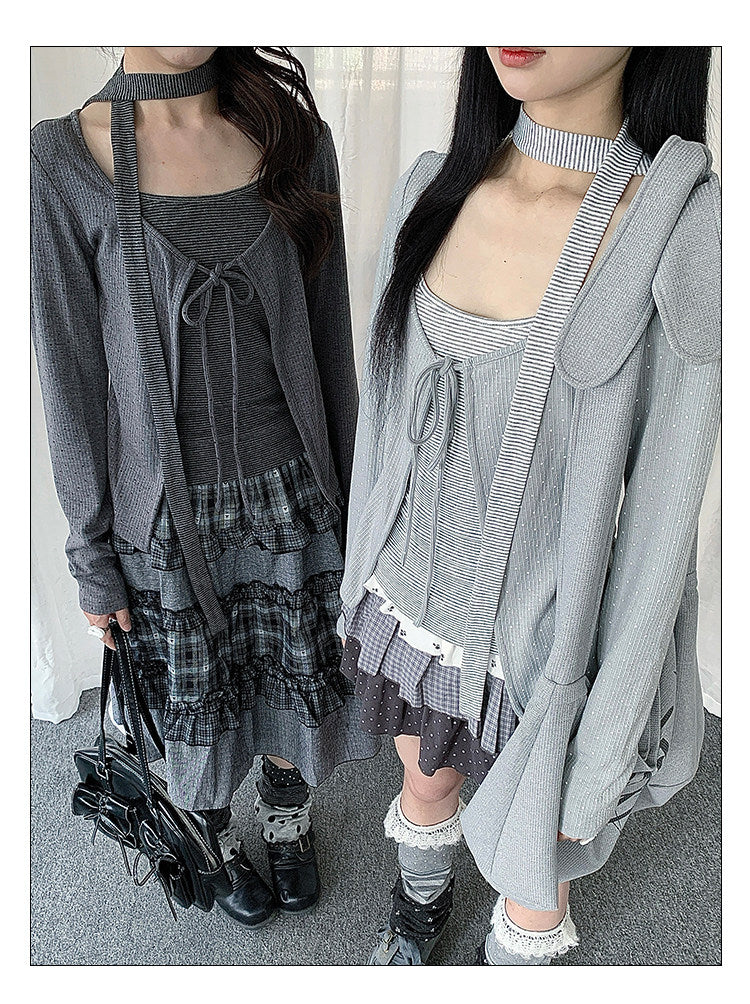 Polka Dot Tie-Front Layered Long Sleeve Top