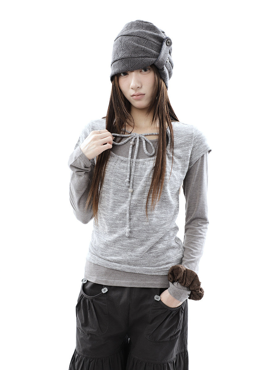 Tie-Front Textured Top & Long Sleeve Two-Piece Set