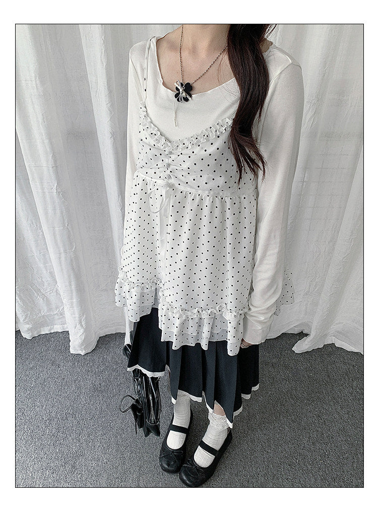 Polka Dot Lace Cami & Long Sleeve Two-Piece Set