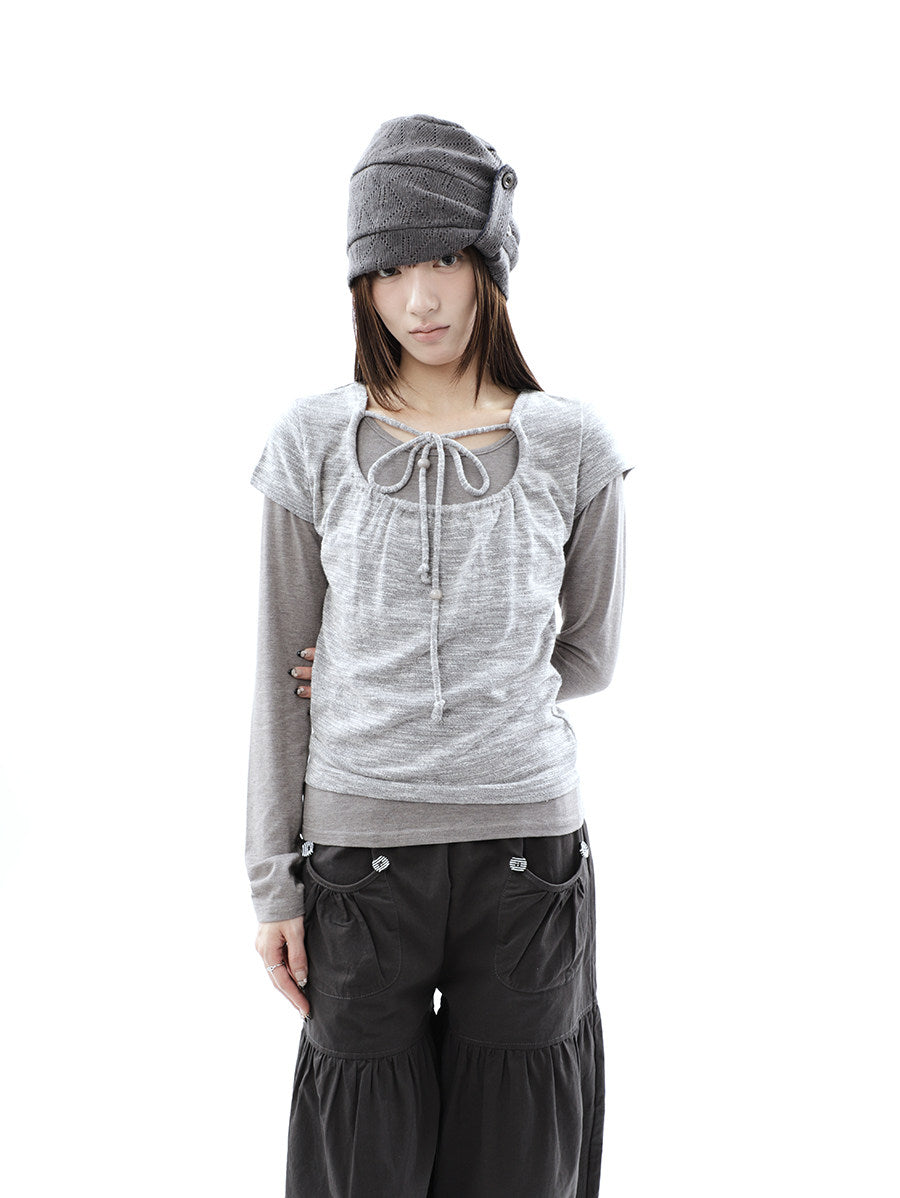 Tie-Front Textured Top & Long Sleeve Two-Piece Set