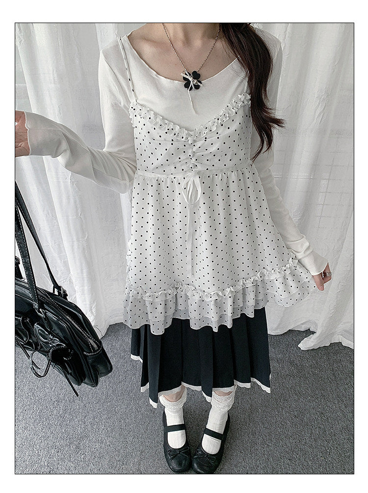 Polka Dot Lace Cami & Long Sleeve Two-Piece Set